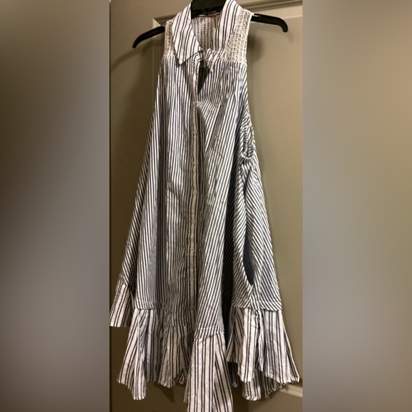 Free People Be Real Mini Dress Medium Striped Blue/White Ruffle 100% Cotton - Picture 6 of 14